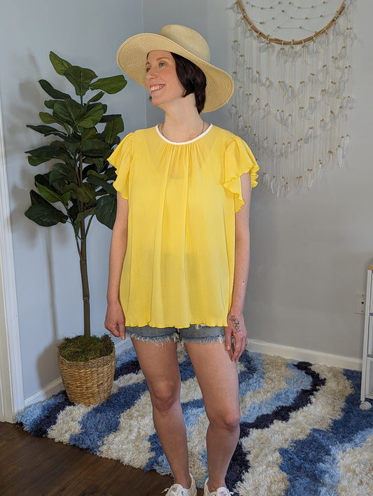 Yellow Round Neck Solid Woven Blouse Top