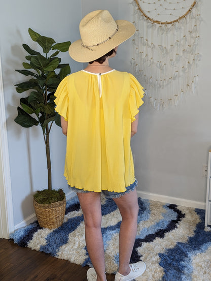 Yellow Round Neck Solid Woven Blouse Top