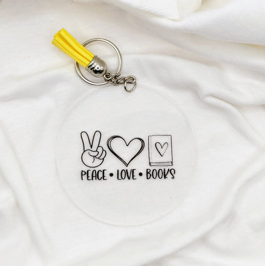 "Peace, Love and Books" Keychain