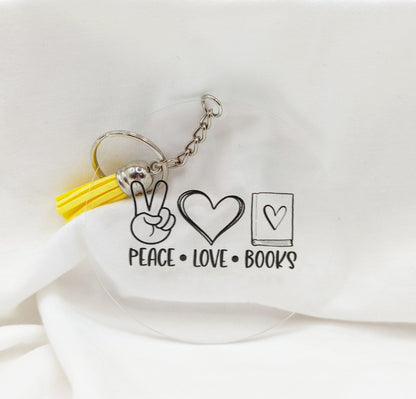 "Peace, Love and Books" Keychain