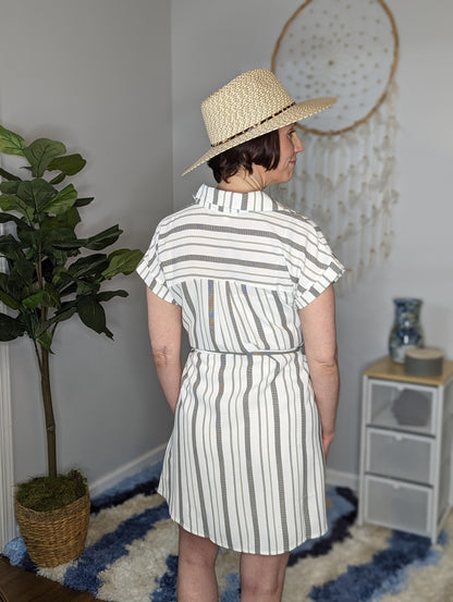 Olive Striped Belted Shirt Dress