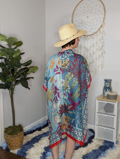 Teal Floral Kimono with Border