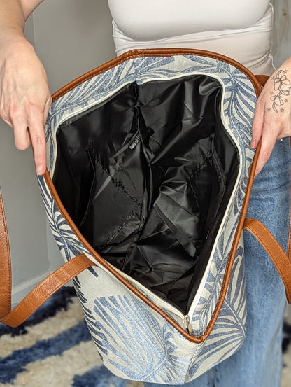Blue Tropical Leaf Shoulder Tote Bag