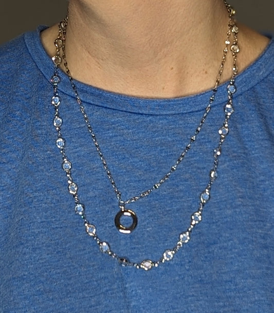 Silver Crystal Beaded Necklace with Pave Circle Pendant