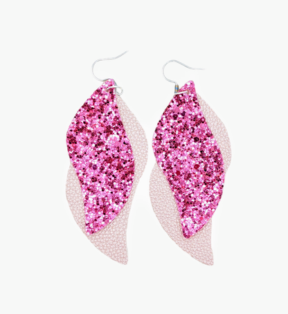 Sparkling Rose Gold and Pink 2 Layer Leaf Faux Leather Earrings