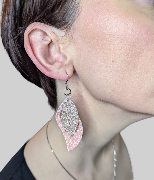 Pink Petal Sparkle Leaf Earrings