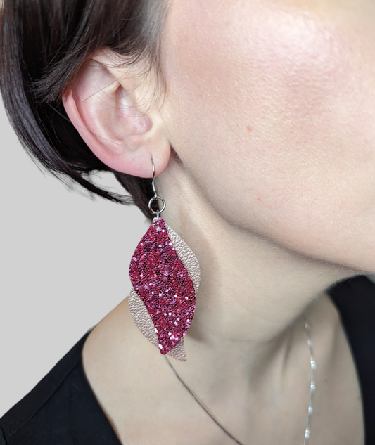 Sparkling Rose Gold and Pink 2 Layer Leaf Faux Leather Earrings